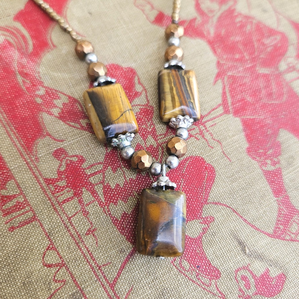 Tigers Eye Stone Beaded Necklace Bronze Silver Tone Adjustable Drop Pendant